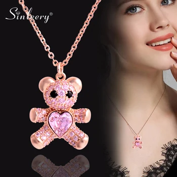 

SINLEERY Pink Cubic Zircon Bear Chain Necklaces Rose Gold Silver Color Animal Necklace Girl Daily Jewelry Party Gift XL743 SSG