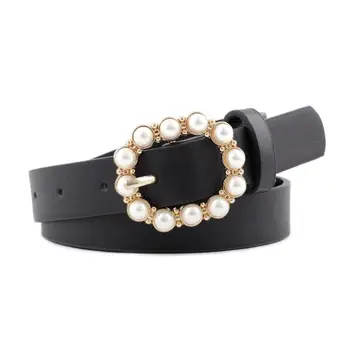 

Helisopus Leather Belt Women's Fashion Wild Solid Color Belt Alloy Round Buckle Inlaid Pearl Decoration Women Belt