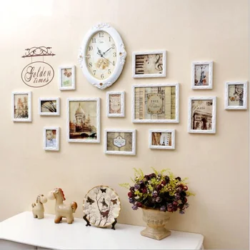 

13pcs Pure White Photo Frames Pastoral Style Wedding Picture Frames Wooden Carved Wall Hanging Frames with Clock Porta Retrato B
