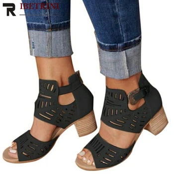 

RIBETRINI 2020 New Hot Sale Lady High Block Heels Sandals Classic Fretwork Gladiator Sandals Women Elegant Summer Shoes Woman