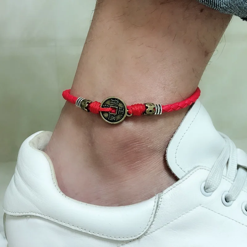 Black Leather Red String Coin Anklet For Men Punk  Color Vintage Retro