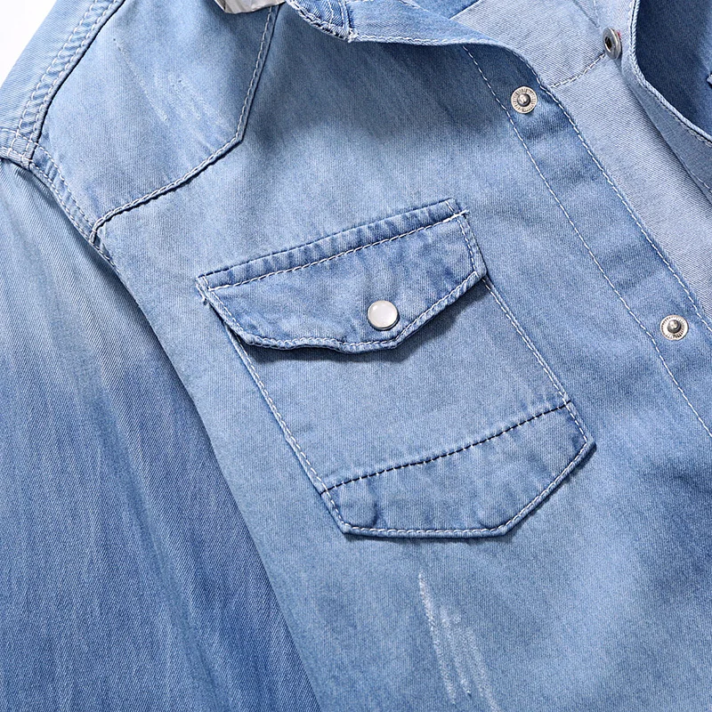 Spring Autumn Leisure time Men Denim Thin Shirt Long Sleeve Soft Two Pockets Slim Slight Jeans Cowboy