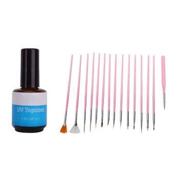 

Nail Art Top Coat UV Gel Gloss Glaze Manicure with Set of 15 Brushes for Nail , Pink