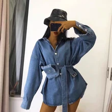 2020 Vintage Sashes Slim Waist Jeans Coat Spring Autumn Women Denim Jacket Korean Buttons Backless Long Outerwear Jeans Dress