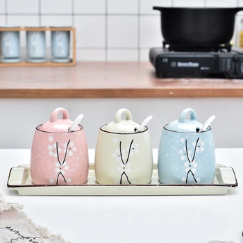 

Ceramic seasoning pot household kitchen oil salt box with tray combination Japanese creative seasoning cans spoon set