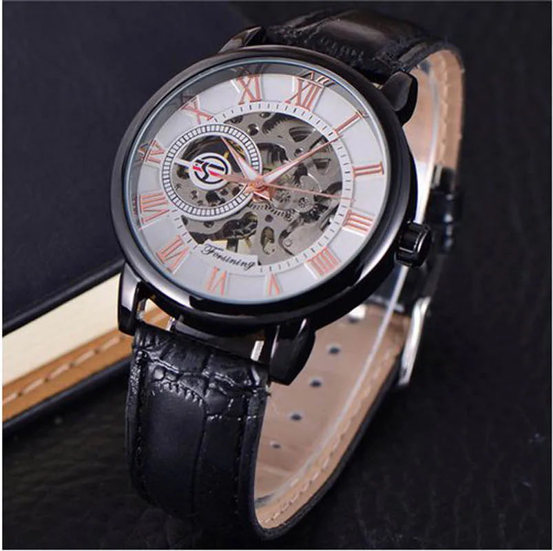 2021 Fashion 3D Logo Engraving Golden leather belt Men Mechanical Watch Forsining Transparent Case Top Brand Luxury Skeleton 