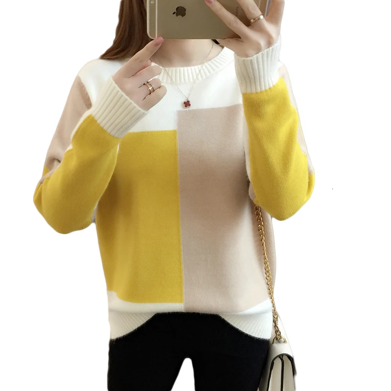 

Spring Brain Women Trui Truien 2019 New Fashion Colorblock O -neck Loose Used Bottom Trui Large size Women Tops CM467