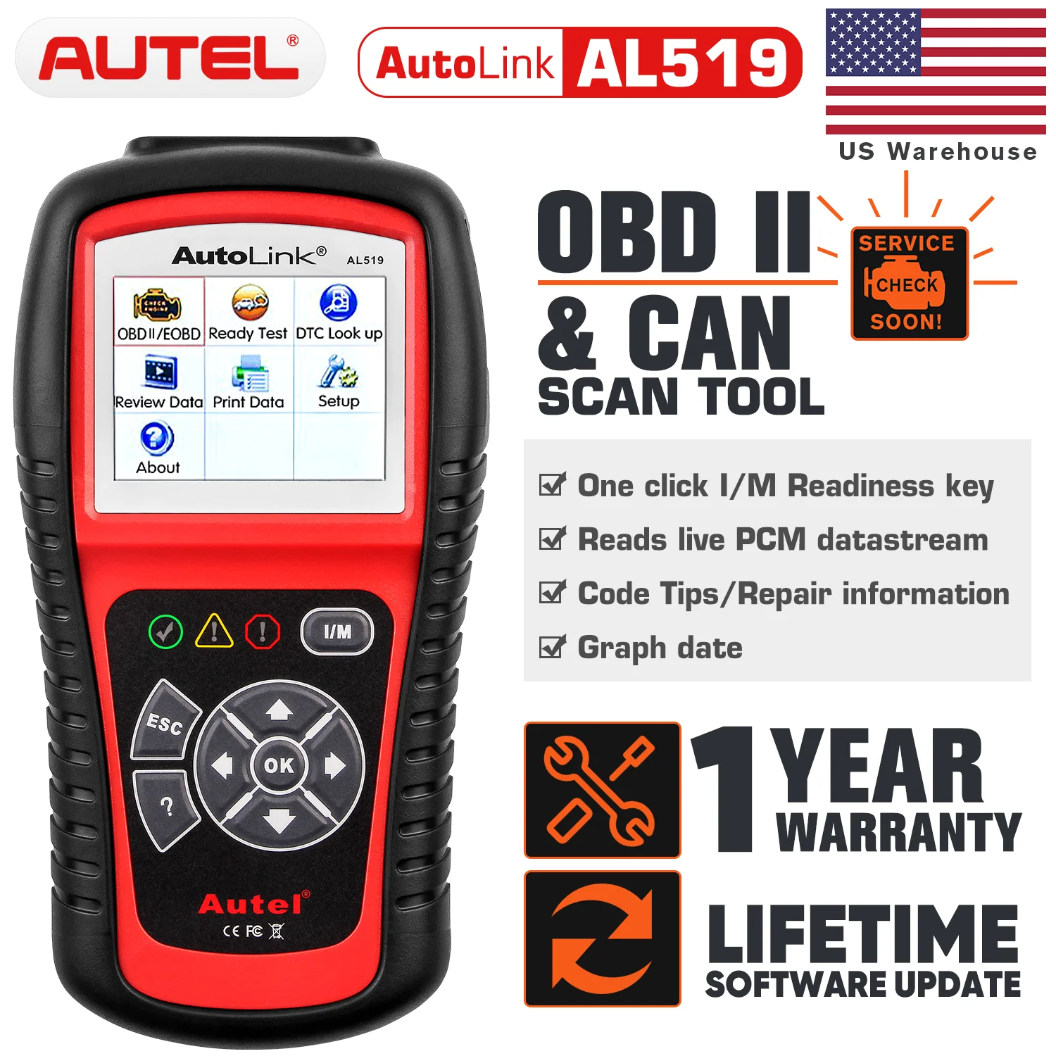 Autel AutoLink AL519 Full OBD2 Scanner All 10 modes OBDII/EOBD Car Diagnostic Tool One-Click I/M Readiness Key PK CR3001 & KW310 2