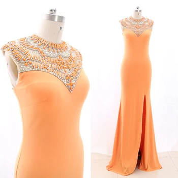 

MACloth Orange Sheath O Neck Floor-Length Long Crystal Jersey Prom Dresses Dress M 268746 Clearance