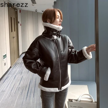 

Faux Leather Fur Coat Women Sash Zippers Pockets Turn-down Collar Winter Warm Female Thick Outwear Pu Leather Jackets
