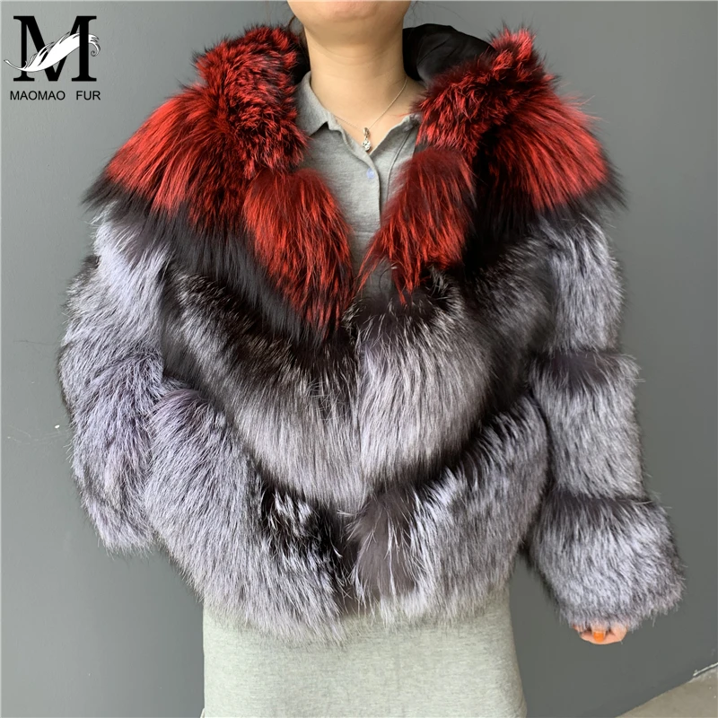 Новая мода натуральный мех пальто для женщин зимние короткие Роскошные лисы женское меховое пальто с капюшоном Серебряная Лисичка Меховая куртка верхняя одежда