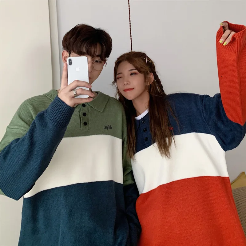 Autumn Polo Sweater Men Fashion Contrast Color Casual Lapel Knit Sweter Men Clothes Streetwear Wild Loose Couple Pullover Man