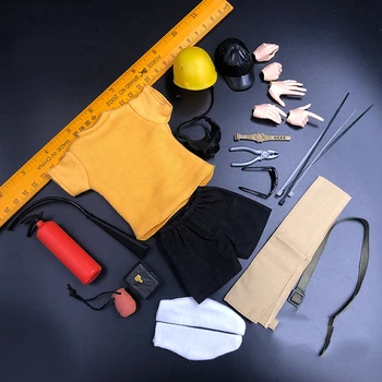 

1/6 Scale Explorer Engineering Fireman Yellow T shirt Black Shorts with Accessories for 12''Figures Models