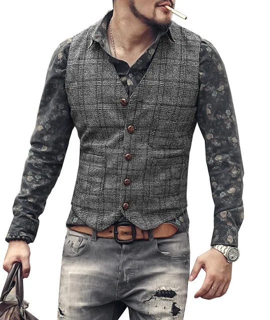 Tailored Mens Suit Vests Men Black Waistcoat Man Plaid Steampunk Jacket Striped Tweed V Neck Slim Fit Gilet Wedding Clothing