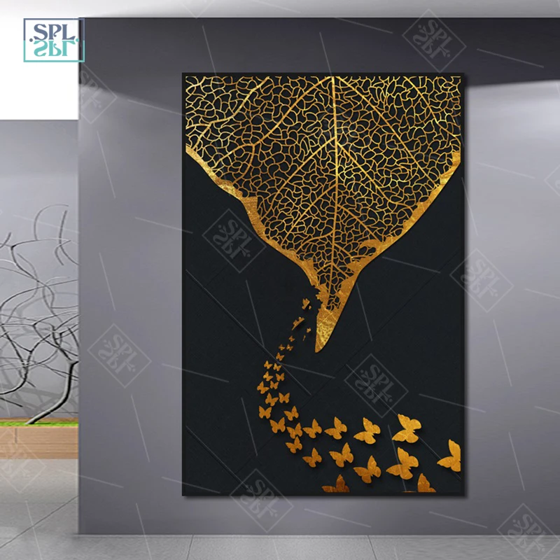 Скандинавские украшения дома плакаты абстрактные Золотые листья живопись на холсте бабочка Современный домашний декор растения настенные художественные принты