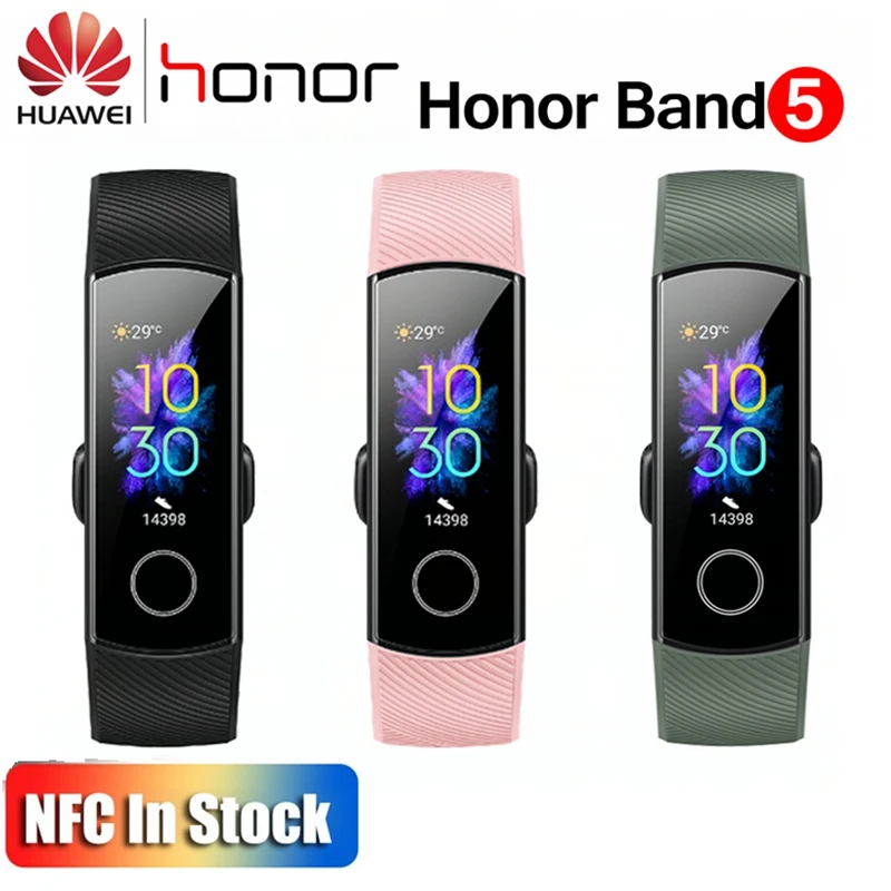 NFC версия huawei Honor Band 5, смарт-браслет, оксиметр, 4 цвета, экран, плавающий ход, Обнаружение сна, монитор Honor Band 5, синий, розовый, зеленый