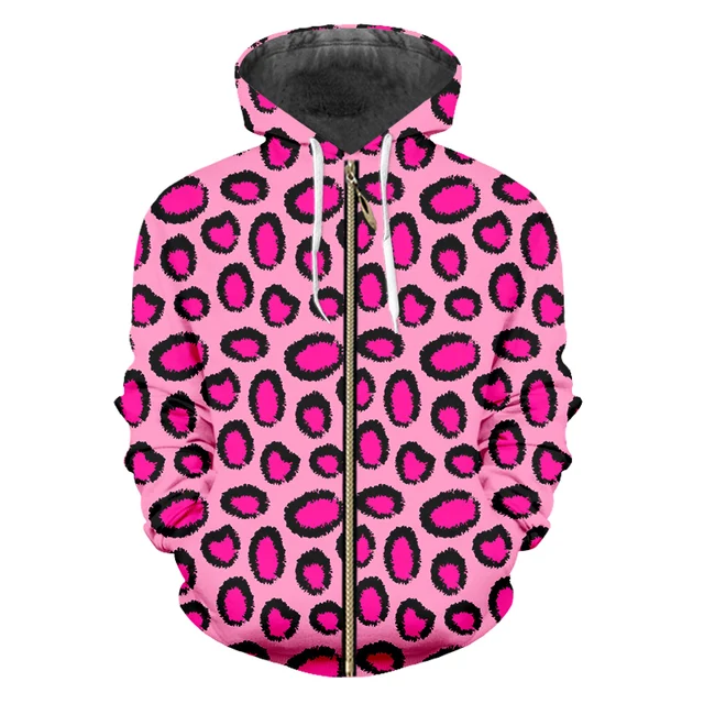 UJWL 3D Zip Hoodies Pink leopard Hoodie 