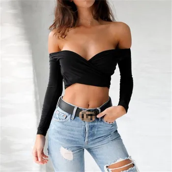 

Women's T-shirt Ruffled Street Style Solid Short Top Long Sleeve Spring and Autumn Sexy Casual Tee
