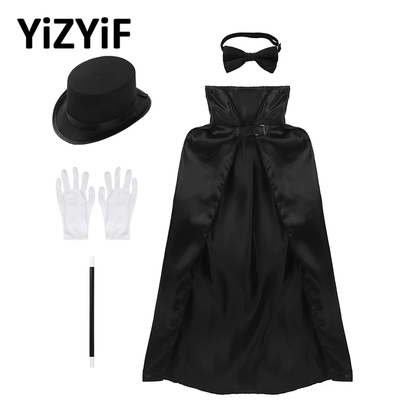 

Kids Magician Cape Hat Magic Wand Gloves Necktie Set Role Play Costume rave Outfit Magician Halloween Cosplay Party Dress Up
