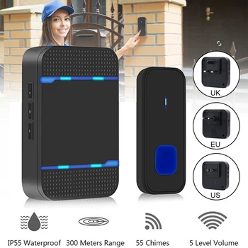 

Wireless Doorbell Waterproof 5 Level Volume 55 Chimes Long Distance with LED for Home QP2