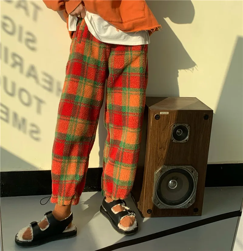 orange pants Woherb, овечья шерсть, высокая талия, широкие брюки в клетку, для женщин, на завязках, Модные свободные брюки, женские, корейский стиль, Pantalones 91387 - Цвет: orange pants