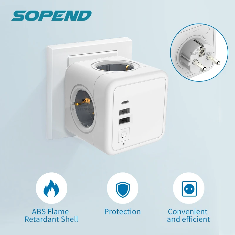 Sopend Блок питания ЕС Тройник розетка 220 с Usb 5V 3.1A 15W переключателем USB-C Powercube Вор