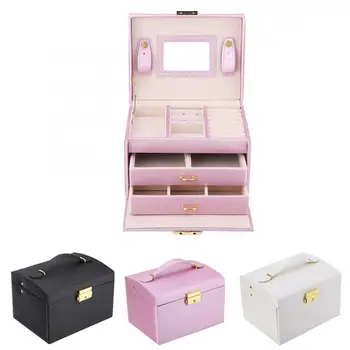 

3 Tiers PU Leather Jewelry Storage Case Display Box Holder Organizer with Mirror Storage Box lipstick Jewelry Nail organizer