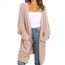 

Open Front Long Sleeve Women Cardigan Autumn Winter Two Pockets Long Sweater Coat Female Knitwear