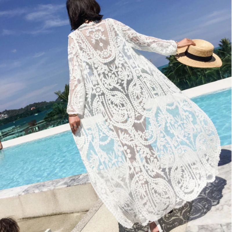2022 Dress Beach White Lace Summer Maxi Dress Women Long Sleeve