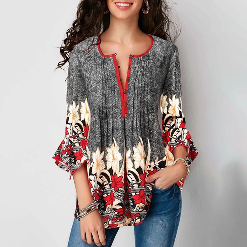 Большие размеры, женская летняя рубашка с цветочным принтом, с рукавом-бабочкой, v-образный вырез, винтажные женские блузки, облегающие, с цветочным рисунком, Boho, топы, blusas - Цвет: A3