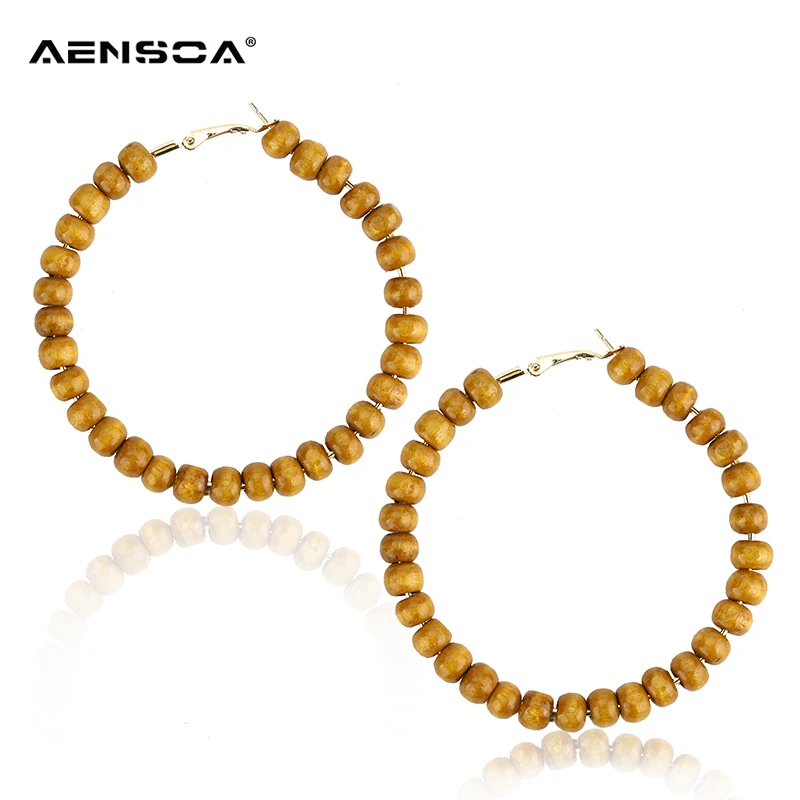 

AMORCOME Vintage Large Wood Beads Hoop Earrings Ethnic Simple Big Round Circle Bead Statement Earrings For Women Jewelry Gift