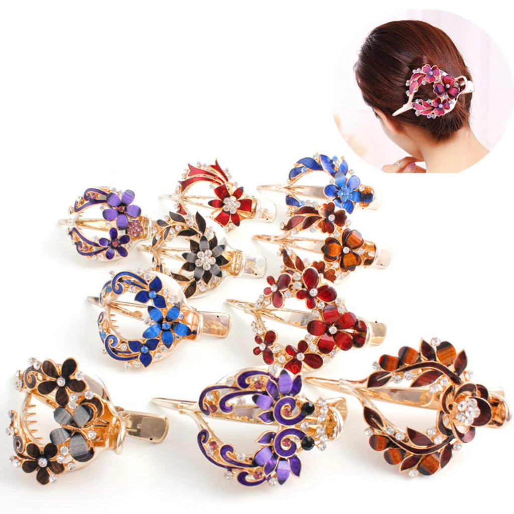 Lady Floral Hair Clip Zircon Casual Thick Hair Pin Clamp Crab Barrette Updo Tool Women Rhinestones Small Flower Hair clips