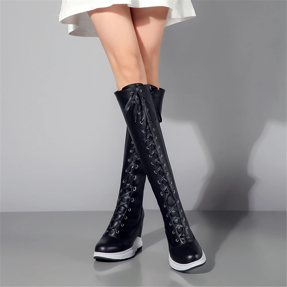 SARAIRIS Quality Genuine Leather mid-calf Motorcycle Boots Women Autumn Winter lace-up Height Increasing Shoes Woman 32-40