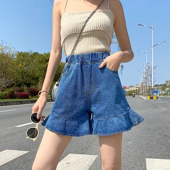 

COIGARSAM 4XL Plus Size Loose Denim Summer Elastic High Waist Women Shorts Blue 5835