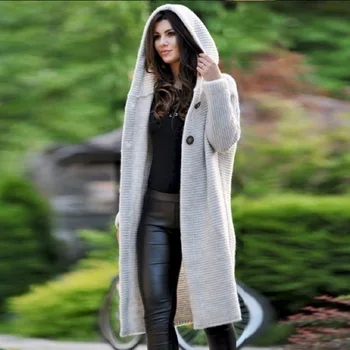 

Women Cardigans Winter Casual Solid Loose Knitted Open Stitch Long Sweater Fashion Hooded Button Female Streetwear Cardigans