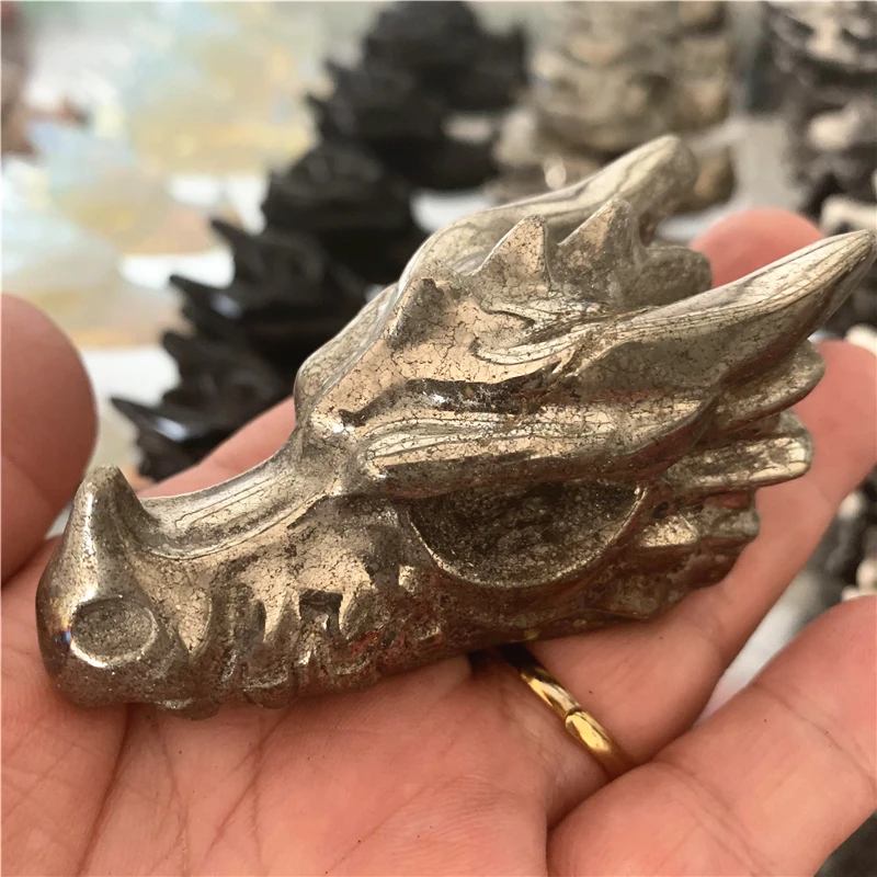 7cm High Quality Pyrite Crystal Handmade Carved Dragon Head Skull Polished Animal Powerful Statue for Home Decoration Gift 3