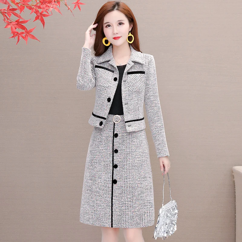 

Plus Size Work Wear Suit for Women Gray Jacket and Dress Two Pieces Set Casual Outfit Korean Style Long Dress with Short Jacket