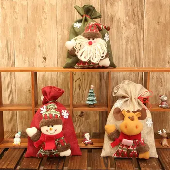 

Christmas Linen Gift Bags 3D Doll Favor Pouch Party Wedding Jewelry Craft Sack with Nylon Drawstring