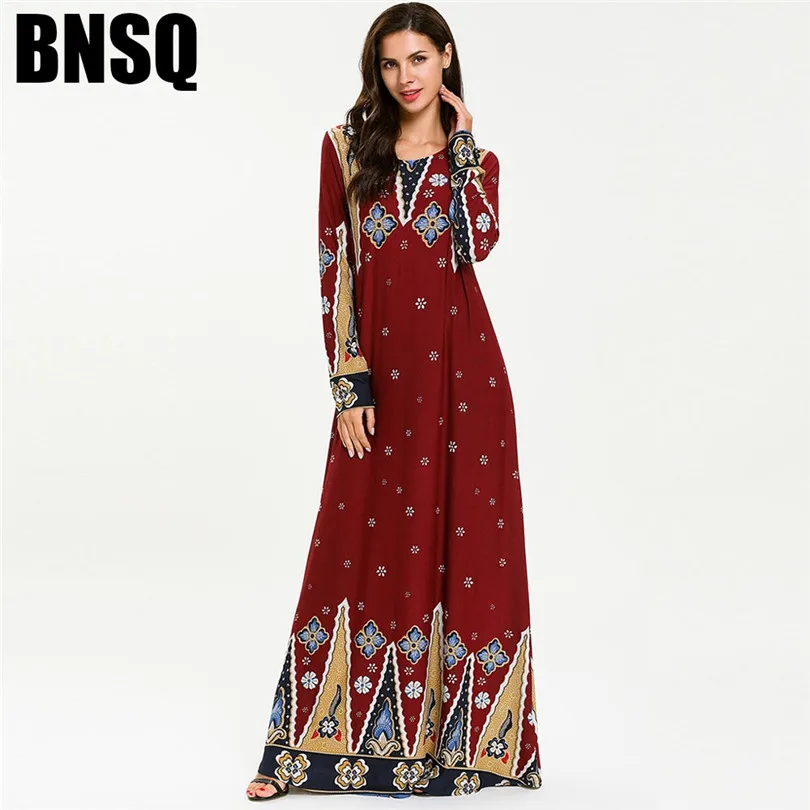 Vintage Pattern Round Neck Maxi Long Dress Women Ethnic Floral Print Spring Autumn Dresses Muslim Abaya Wine Plus Size | Тематическая