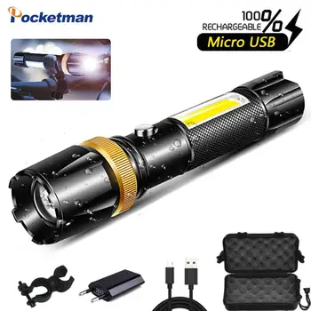 

Brightest LED Flashlight Waterproof COB lamp USB Rechargable light Super bright 5 modes Powered by 18650 battery for camping