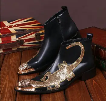 

European metal toe Men's shoes nightclub Singer hairdresser shoes Genuine leather prom shoes trend punk Martin shoes Ankle boots