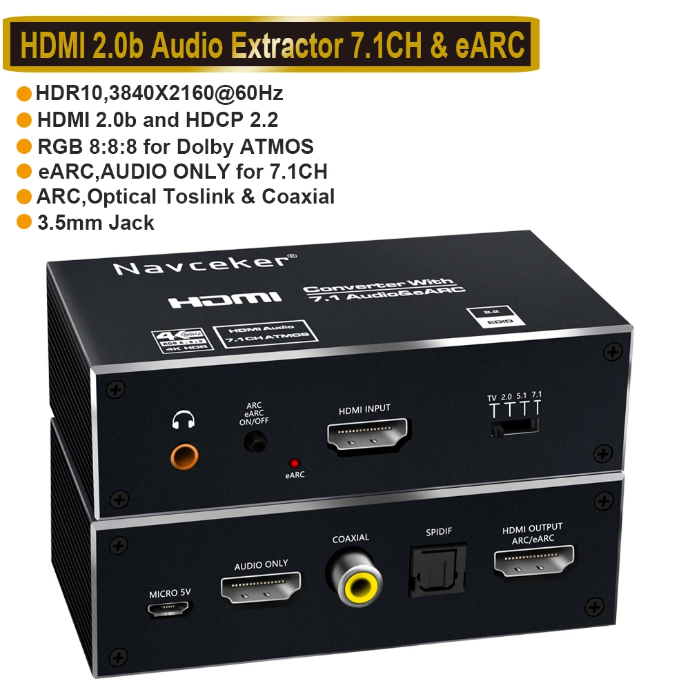 4K 120Hz HDMI Audio Extractor 8K 60Hz VRR CEC HDCP2.3 HDR10 Audio Converter de-embed HDMI to