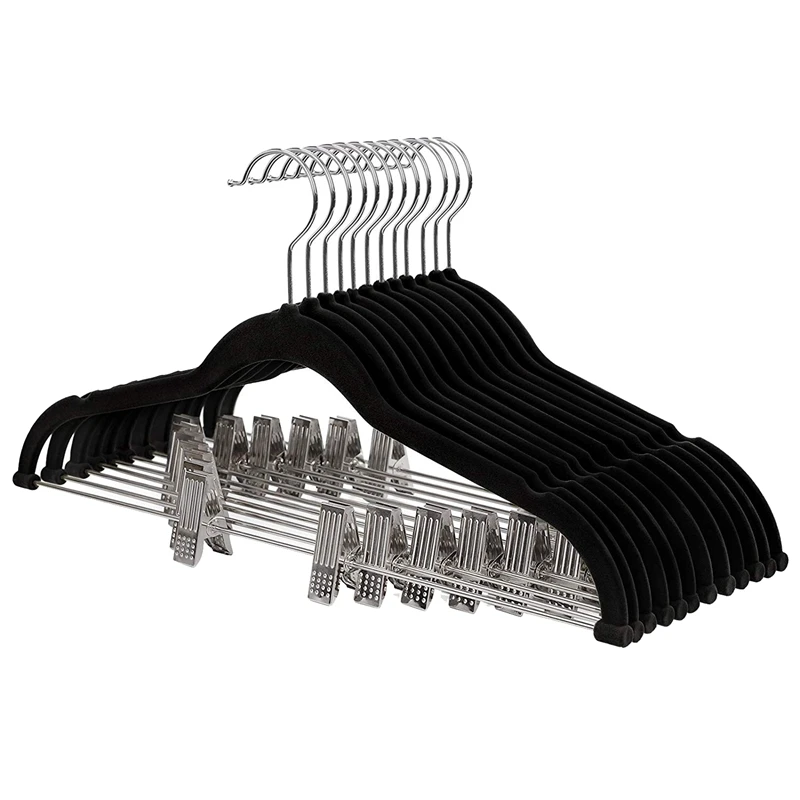 

HLZS-Pack Of 12 Flocking Trouser Hangers with Bar and Clips Suit Hanger Thin Non-Slip Space Saving 360 Rotating Hook for Suits/S