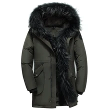 Зеленый и черный мужской зимний утолщённый для холодных напитков и ветрозащитный большой меховой воротник с капюшоном внутри ягненка пуховик длинный толстый теплый пуховик