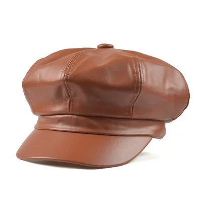 Кожаная кепка газетчика, качественная модная искусственная кожа, Женская Корейская восьмиугольная кепка, весенне-зимний Повседневный берет, Женская плоская шляпа - Цвет: light coffee