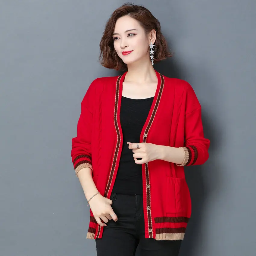 

Autumn Textured Cable Knit Cardigan Women Ripple Knitwear With Pockets V-neck Drop Shoulder Red Camel Blue Wool Sweaters Mujer