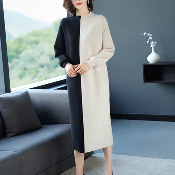 

Dress Fashion Knitted Long sleeve Women Patchwork Loose Sweater Autumn Dresses Plus Size Casual Party Elegant Female Dress 3XL