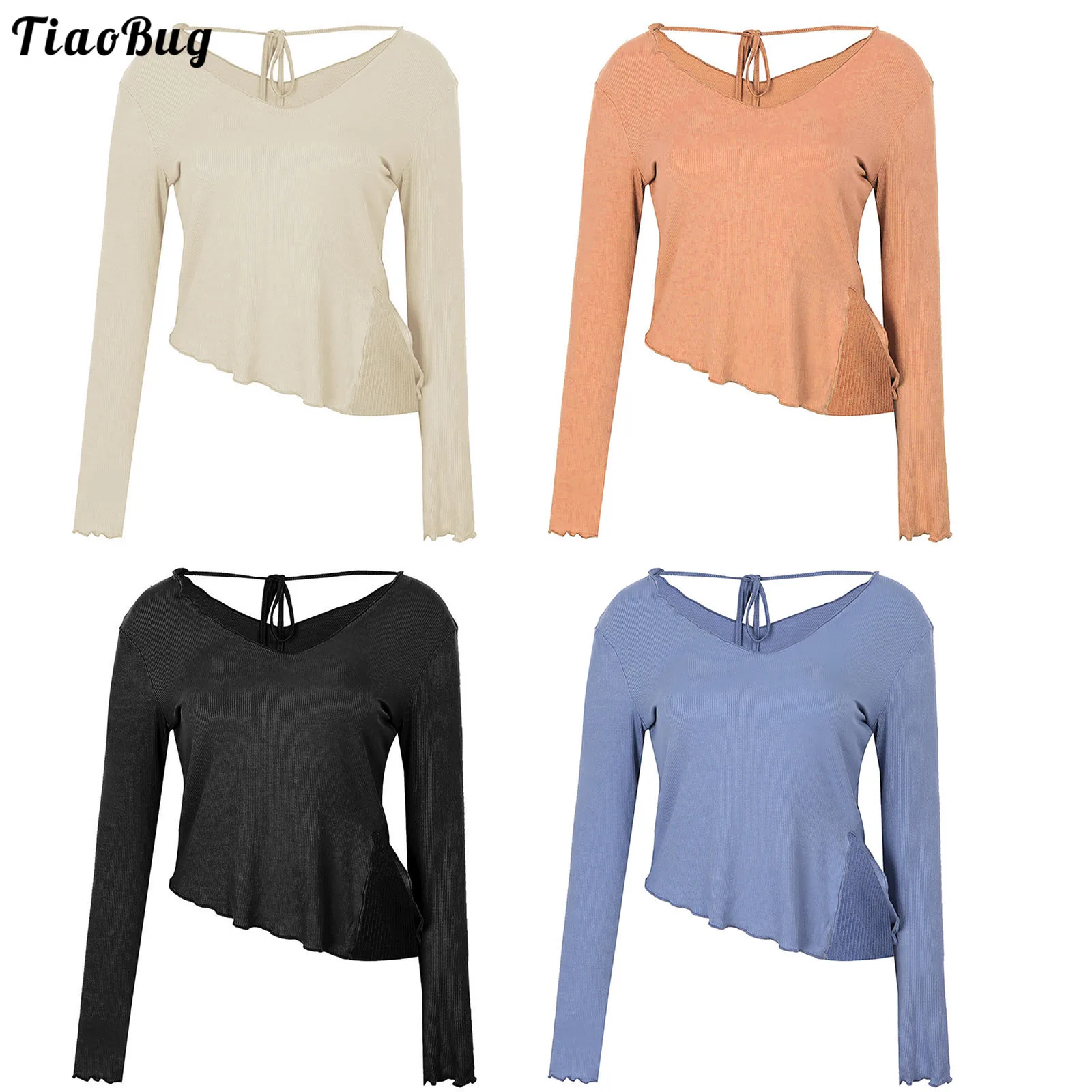 

Spring Summer Autumn Women Scoop Neck Long Sleeve Ribbed Tops Side Split Lace-Up T-Shirt For Sports Yoga Workout Fitness Running