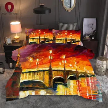 

Personality bedding bridge set sheets 3 piece set oil painting small river duvet cover color sheets quilt cover 2019 free shippi