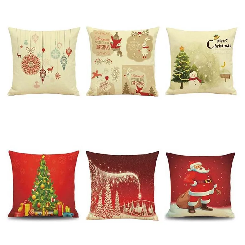 Urijk 6Pcs Merry Christmas Cushion Cover Santa Claus Pillowcase Polyester Linen Throw Pillow Car Home Sofa Decorative 45*45cm